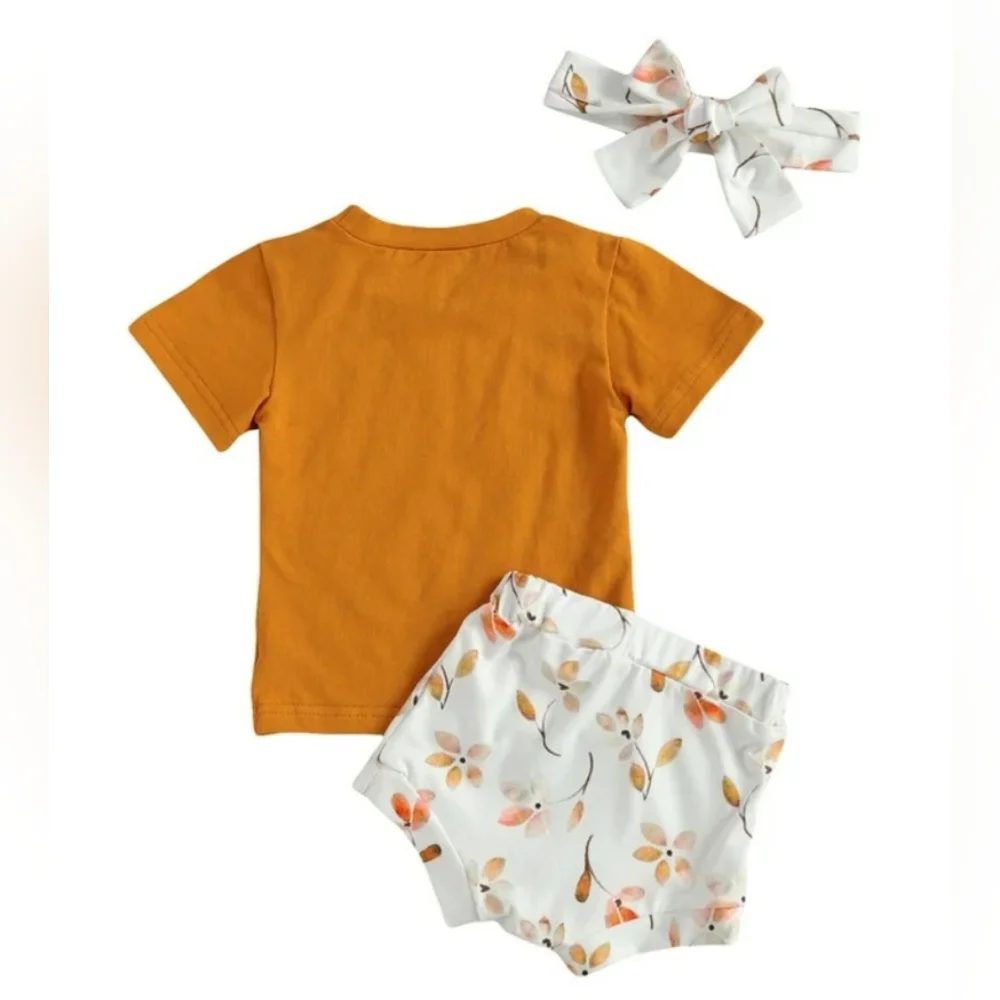 Kids Boho Orange Tee Floral High Waist Shorts Summer Set Baby Girl Outfit 6-9M